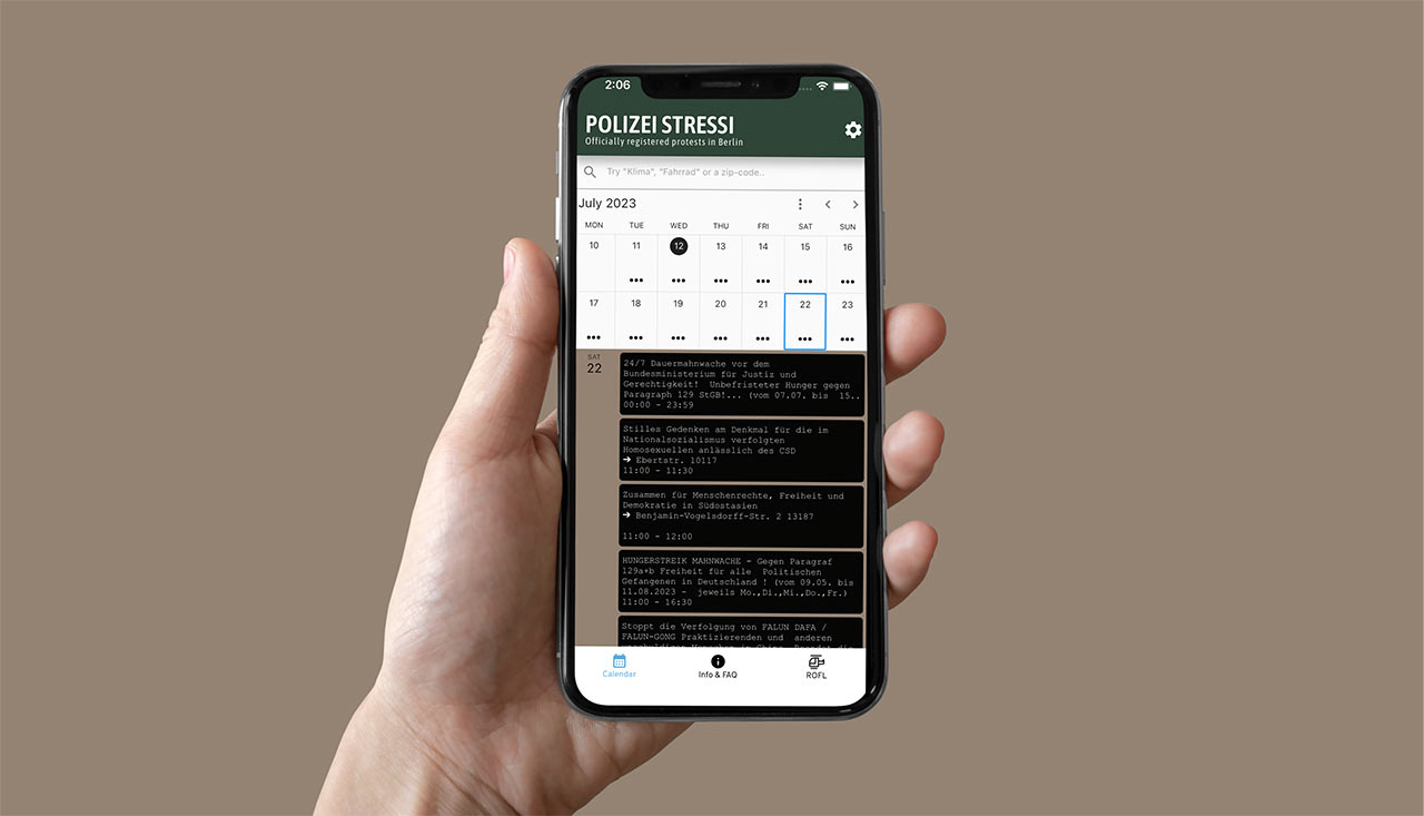 Polizei Stressi App Screenshot - Demo-Kalender Berlin mit allen Versammlungen